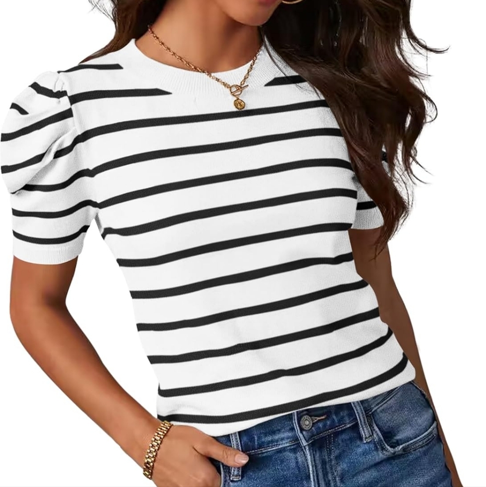 Striped Puff Sleeve Knit Top - White/Black